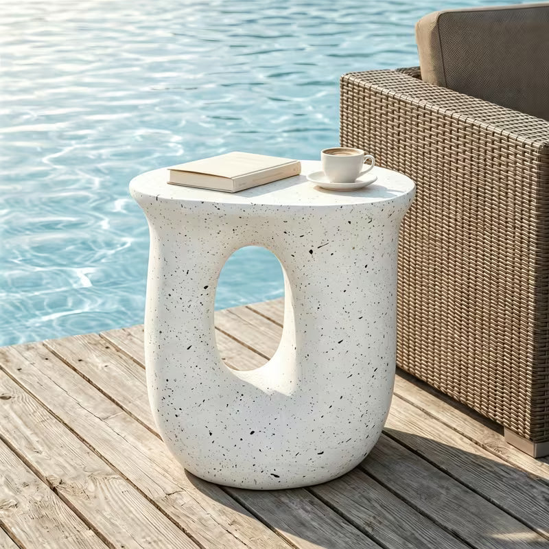 Sculptural Terrazzo Accent Table – Modern Faux Concrete Side Table & Stool