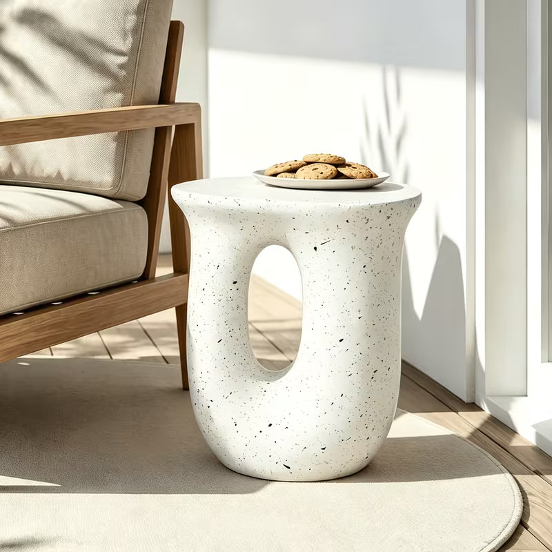 Sculptural Terrazzo Accent Table – Modern Faux Concrete Side Table & Stool